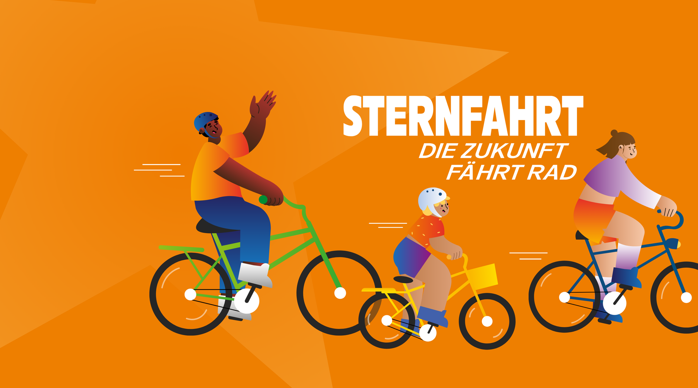 Unteschiedliche Menschen fahren auf Fahrrädern. Darüber steht Sternfahrt: Die Zukunft fährt Rad.